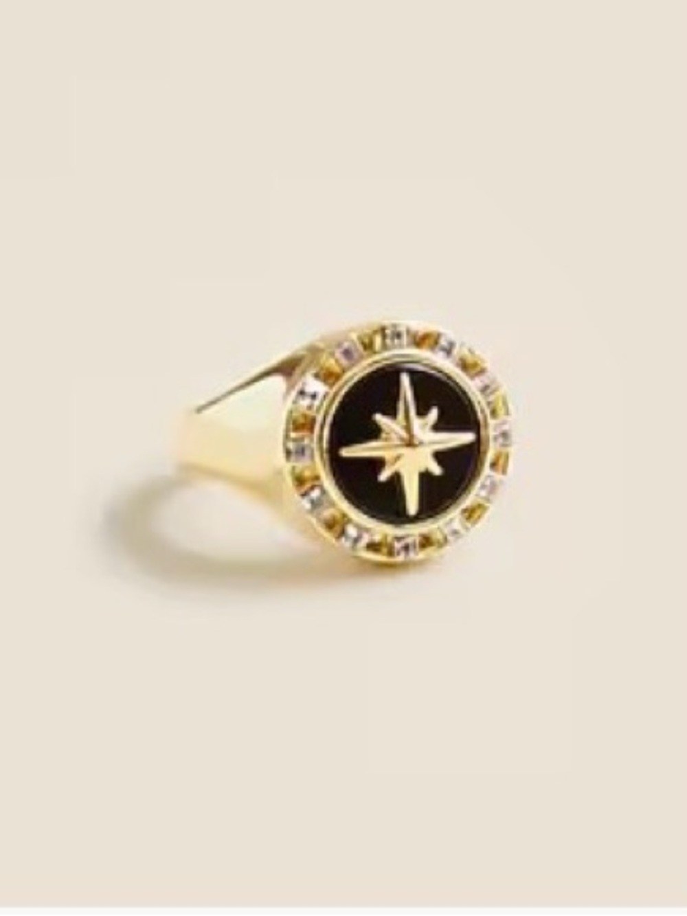 J. Crew Gold-Tone Starburst Signet Ring with Black Enamel sz 8